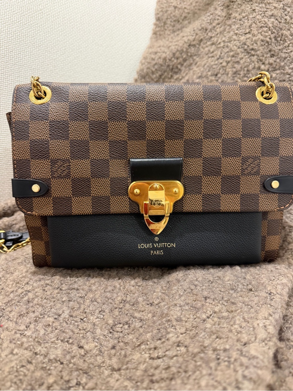 Louis Vuitton Brown Damier Ebene with Black Leather & Gold Hardware Shoulder Bag